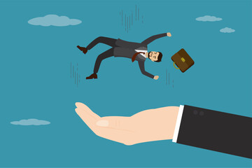 Business support, insurance to save economic crisis or security to protect loss concept. Businessman falling from the sky into giant gentle helping hand. Psychological help.