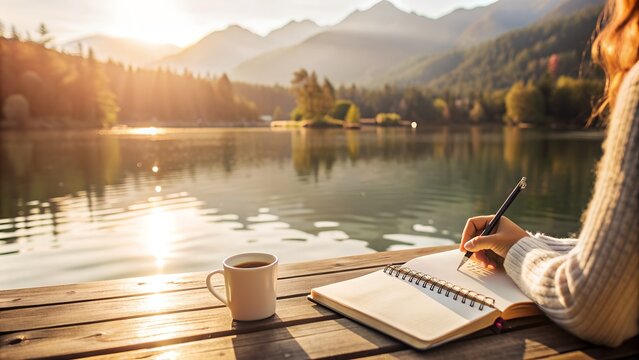 Serene Morning Routine by Lakeside with Journaling and Mindfulness. Perfect for: Earth Day, Wellness Retreats, Yoga Retreats