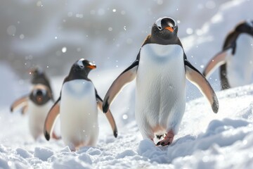 Obraz premium Close up penguins traversing over a white snow field