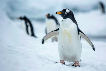 Fototapeta premium Close up penguins traversing over a white snow field