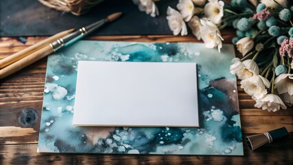 Artistic Blank Card Mockup with Watercolor Splash Background. Perfect for: Art Shows, Creative Events, Modern Celebrations