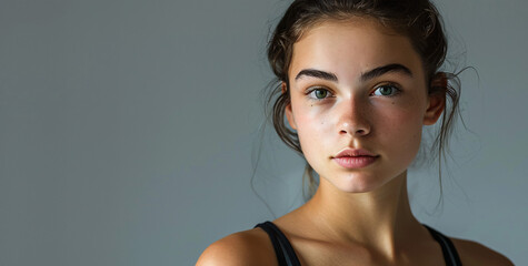 Portrait of a young female athlete isolated on a flat grey background, a professional sports gymnast in training clothes for rhythmic gymnastics.