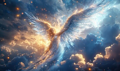 The magical angel appeared in the sky.