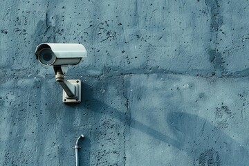 A security camera is mounted on a textured blue wall, its lens pointed directly at the viewer