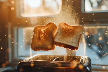 Close-up of Two Slices of Toasted Bread Jumping Out of the Toaster