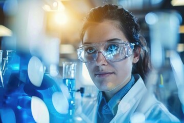 A woman in a lab coat and safety glasses looks intently at a beaker of blue liquid, surrounded by other flasks and scientific equipment
