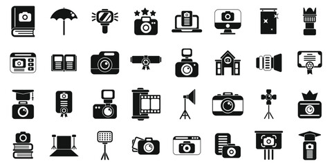 Photography courses icons set. Photography icons set illustrating photography skills, professional equipment, education and career path
