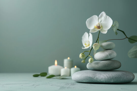Elegant white orchid flowers and stacked smooth stones with lit candles, creating a serene and calming spa atmosphere on a soft green background.