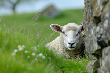 Fototapeta premium curious sheep peeking from the corner on a green grass meadow