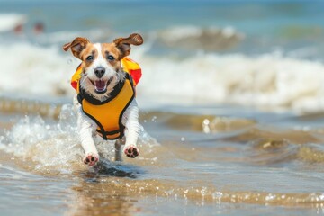 cute dog run dynamic with life vest and floatation device on the beach