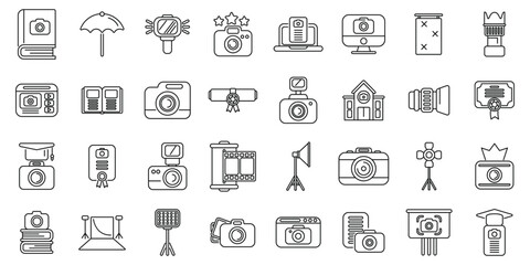 Photography courses icons set. Set of line icons representing different equipment and concepts related to photography and photographers working