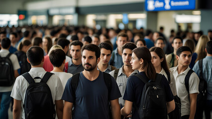 Travelers in a long queue with backpacks and luggage at an airport terminal, with blurred digital screens and signs in the background.