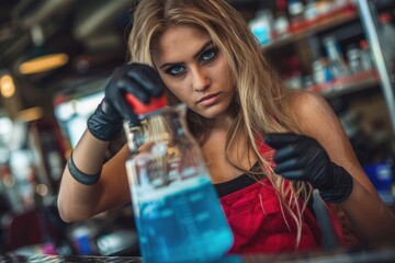 A woman wearing black gloves and a red jumpsuit is seen in a workshop, carefully dispensing blue liquid from a bottle