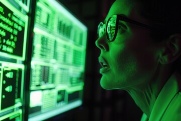 A woman wearing glasses stares intently at a computer screen displaying green text and code