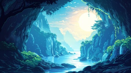 Mystical journey through a tranquil valley with a river flowing between towering cliffs