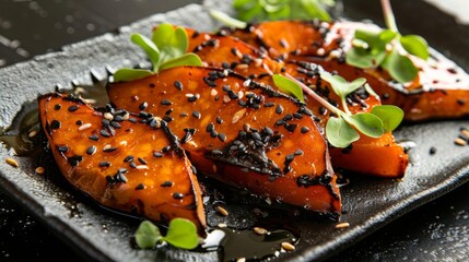 The national cuisine of Japan. Caramelized sweet potatoes with molasses and black sesame seeds. 
