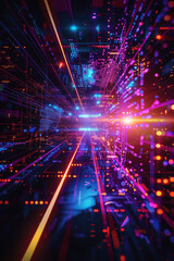 Fototapeta premium Vibrant abstract digital art with neon lights and futuristic patterns. Perfect for tech, innovation, and digital transformation themes.
