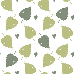 Green leaves and hearts seamless pattern design on white background
