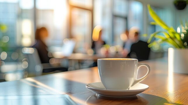 Blurred view of a coffee cup on a table in a busy cafe with people in the background