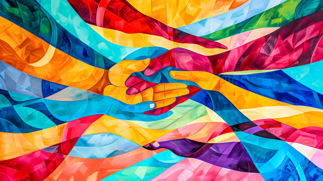 Colorful hands joining together showing concept of teamwork