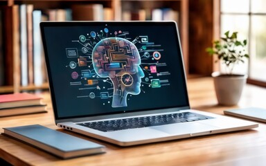 Laptop with Digital Brain Hologram on Desk, Representing Artificial Intelligent