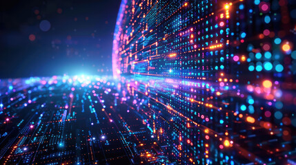 Fototapeta premium Vibrant digital abstract data grid with bright neon light dots, futuristic technology concept with glowing matrix in cyberspace.