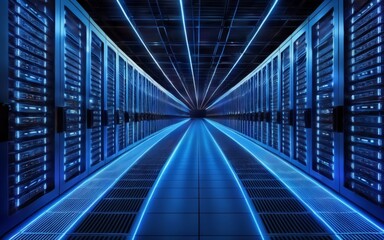 Obraz premium Futuristic Data Center with Blue Neon Lights