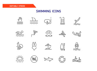 Swimming icons. Swimming, water icons. A vector image. A set of linear icons. Swimming