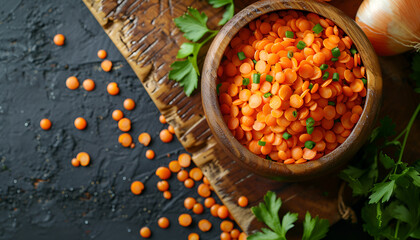 Lentil with carrot and onion in a wooden bowl. Healthy lifestyle. Diet menu. Top view. Flat lay