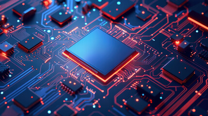 Obraz premium Futuristic close-up of a glowing microchip on an intricate circuit board, representing advanced technology and innovation in electronics.