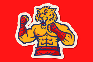 Vector template sport logo for fighting club with angry muscular tiger. Vector sport logo with tiger for Muay Thai club.