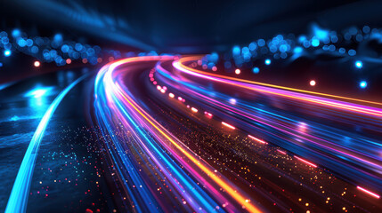 Fototapeta premium A vibrant, futuristic highway with colorful light trails, creating a dynamic and energetic atmosphere. Perfect for technology and speed concepts.