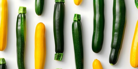 Top view of various zucchinis isolated on white background showcasing vibrant colors. Concept Zucchinis, Vibrant Colors, Top View, White Background, Isolated