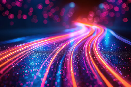 Vibrant neon light trails on a futuristic road with bokeh background, representing speed, technology, and innovation in a digital landscape.