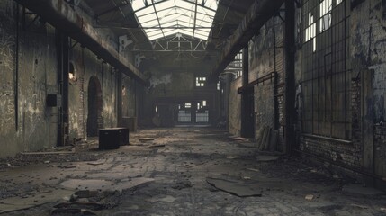 Fototapeta premium An abandoned warehouse with dilapidated empty space and crumbling structures. This scene gives off a feeling of neglect and abandonment. and fading colors that highlight the building's deterioration.