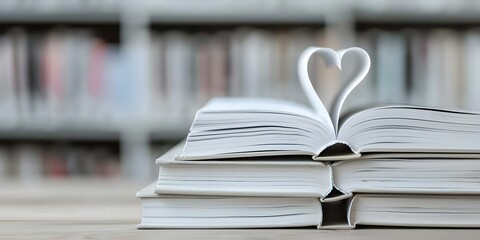 Fototapeta premium Heartshaped book page in stack of textbooks on library study desk. Concept Education, Book Photography, Library, Heart Shape, Studying