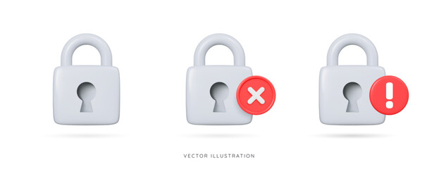 3D Silver padlock with red cross and exclamation mark. Login error. Incorrect password. Access denied. Personal data protection. Cartoon design icon set. 3D Vector illustration
