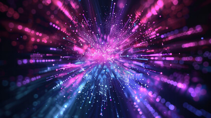 Fototapeta premium Colorful abstract light beams and particles creating a stunning explosion of vibrant pink, purple, and blue hues in a dynamic digital art display.