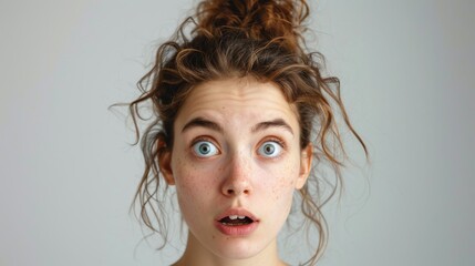 Freckled woman with messy bun looks on in shock and surprise