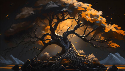 Tree landscape, black background on digital art concept, Generative AI.