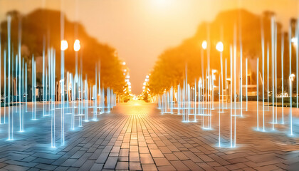 Trendy Cute seamless pattern, streams of light in sidewalks and blue graphics.