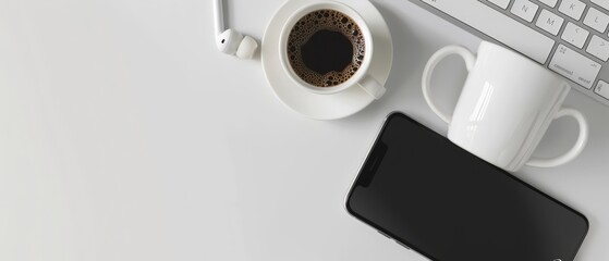 Desk with a smartphone, earbuds, and coffee