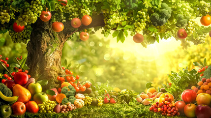 Abundance of fruits and vegetables growing on tree in magical garden