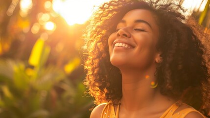 A joyful woman, bathed in sunlight, smiles broadly as she gazes into the distance.