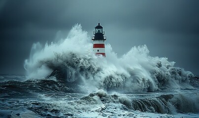 Storm waves crashed against the lighthouse on a cloudy day.
