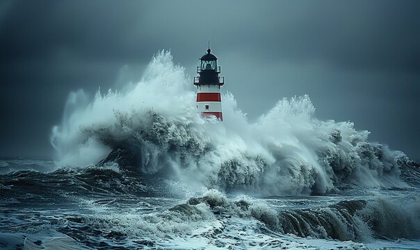Storm waves crashed against the lighthouse on a cloudy day.