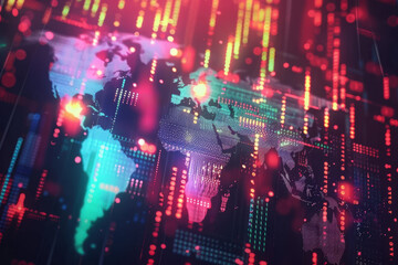 Fototapeta premium A digital world map with bright, colorful lights representing global data flow, technology, and international connectivity in a futuristic style.