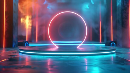 Futuristic Glowing Circle Stage with Blue and Red Neon Lights in Dark Room