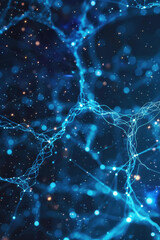 Abstract glowing blue digital network connections and particles against a dark background, perfect for technology and science themes.