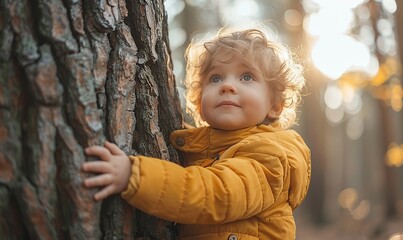 In the tranquil embrace of the forest, a young child extended a loving hug to a towering tree.
